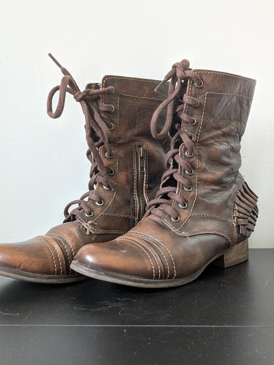 Betsey Johnson Shoes - Betsey Johnson Vintage Distressed Brown Leather Combat Boots with Fringe Heel